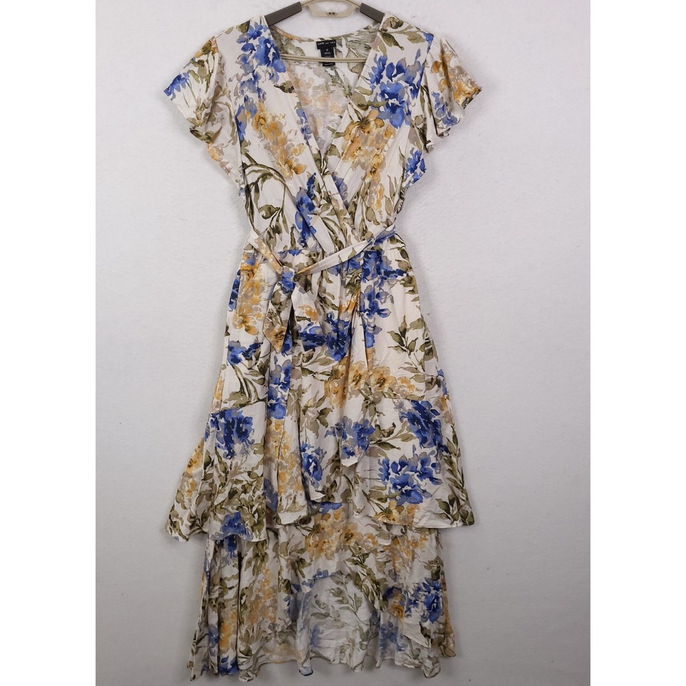 Kate and Lily High Low Floral Wrap Dress 14 Cream Blue Yellow Flutter Sleeve